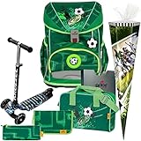 Green Goal - Fussball - DerDieDas ErgoFlex Superlight Schulranzen-Set 7tlg. mit SCHULTÜTE - BALANCE-SCOOTER mit Leucht-Rädern GRATIS DAZU